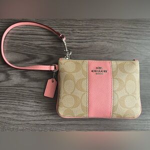 Coach Signature Pink Stripe Wristlet Wallet Zip Pouch Mini Bag 4” x 6” EUC